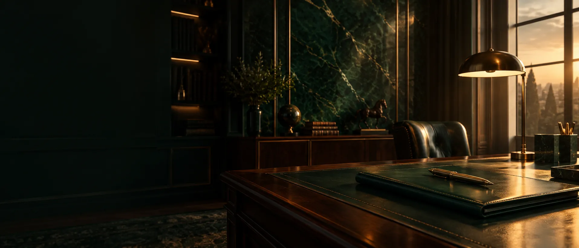 A private office in dark green and brass: a leather desk pad, a fountain pen and a lamp in front of a window at dusk