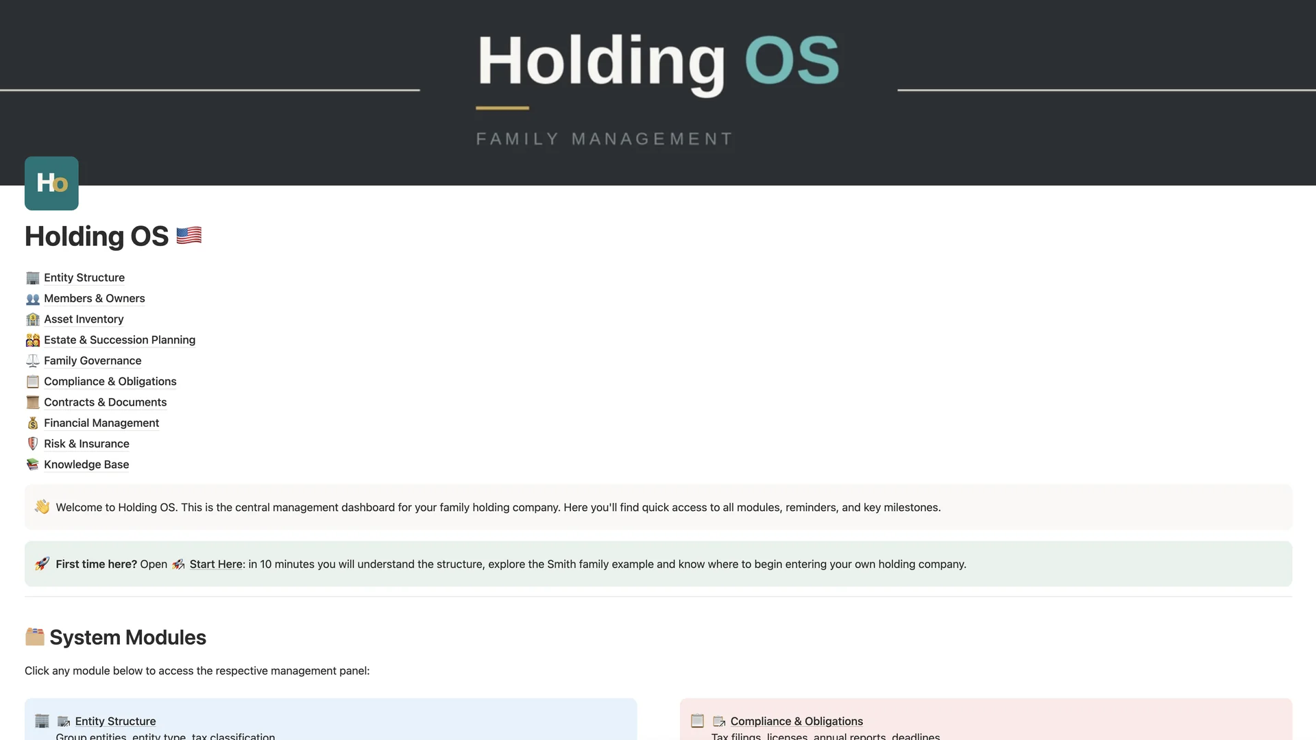 Holding OS dashboard in Notion, with the ten modules and the Start Here callout