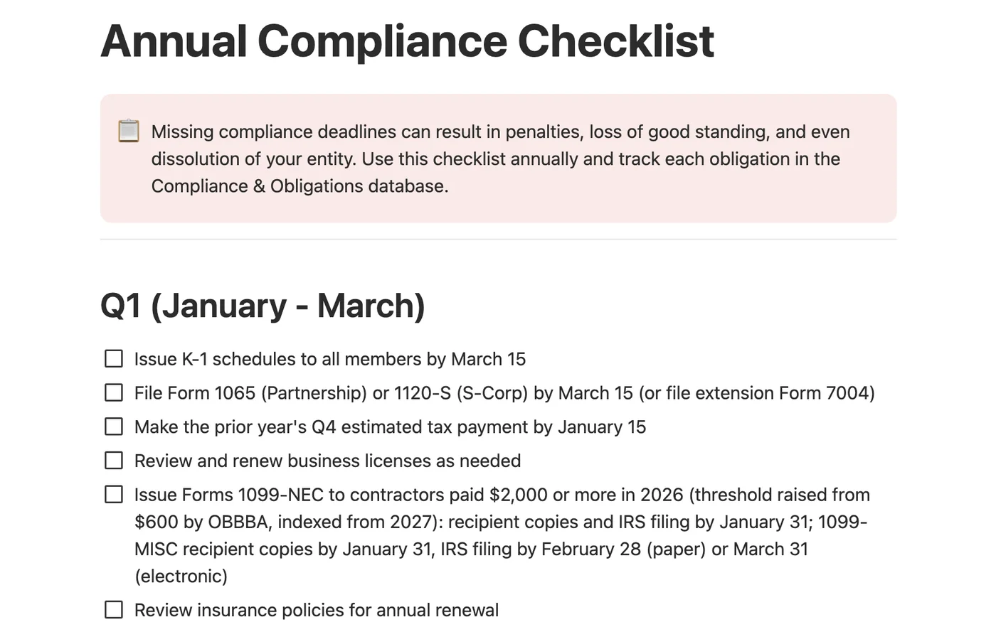 Annual Compliance Checklist, organized quarter by quarter
