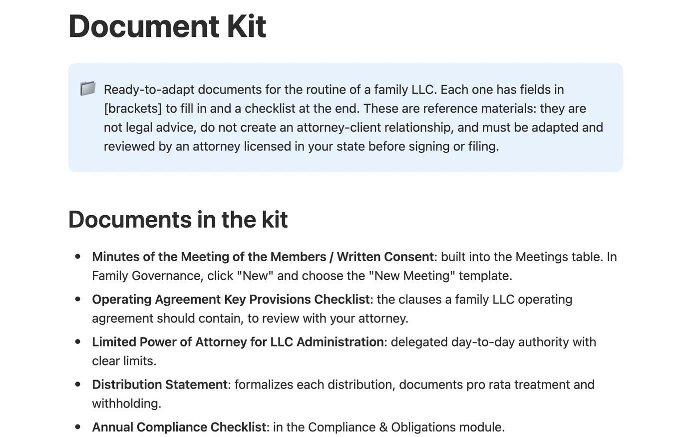 Document Kit page listing the five templates