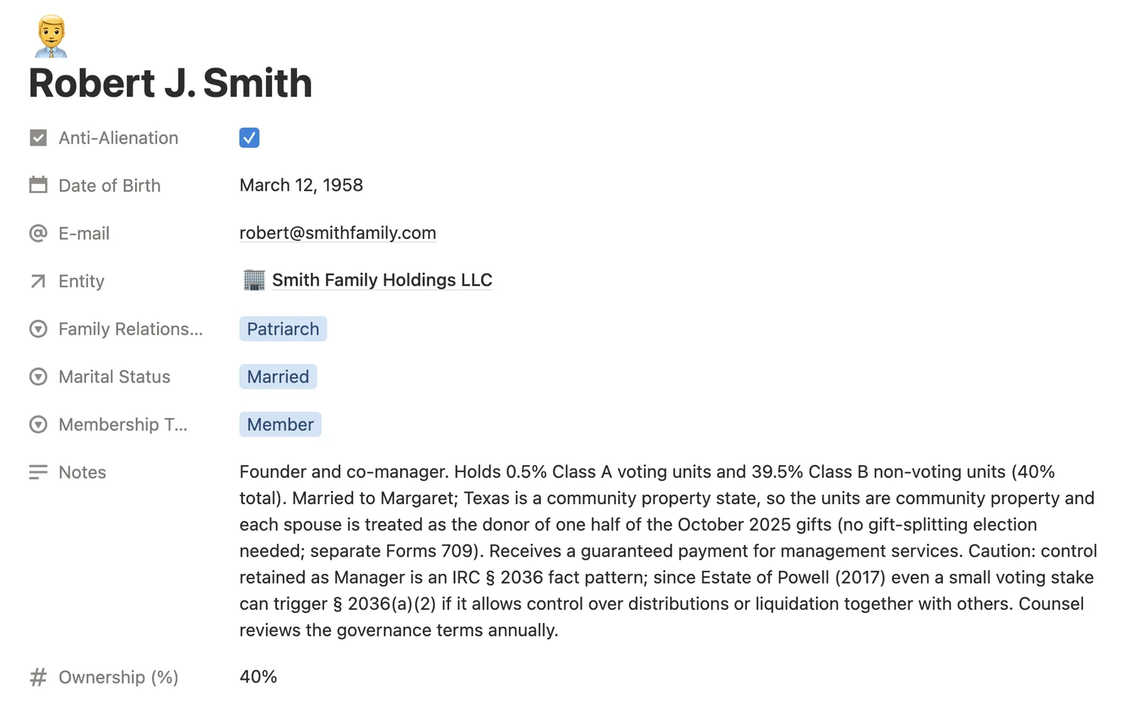 Member profile of Robert J. Smith in Holding OS, with ownership, unit class and a note on IRC § 2036.